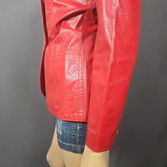 Vintage 90s Red Leather Jacket Blazer Dagger Collar Fitted Womens Size XS - Picture 6 of 9